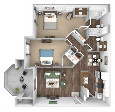 Floor plan for 2 beds, 2 baths, 1121 sqft